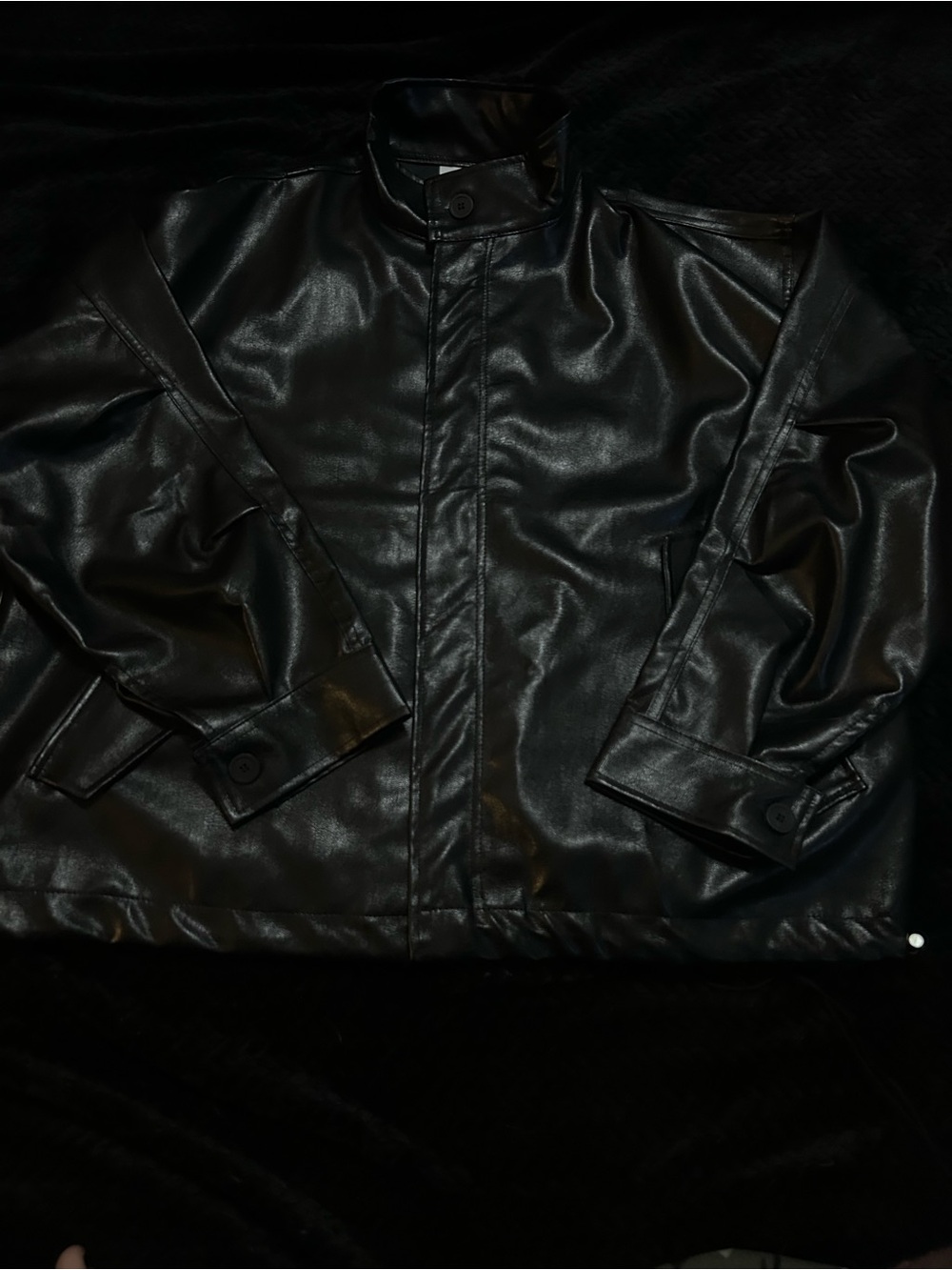 Lewkin Black Faux Leather Jacket with Stand Collar